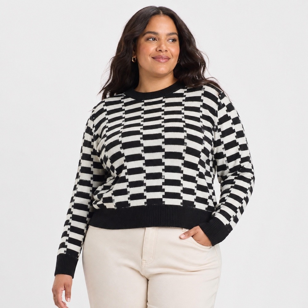 Lisa Says Gah Warped Checkerboard Knit Sweater Black White XL-2X Plus Size